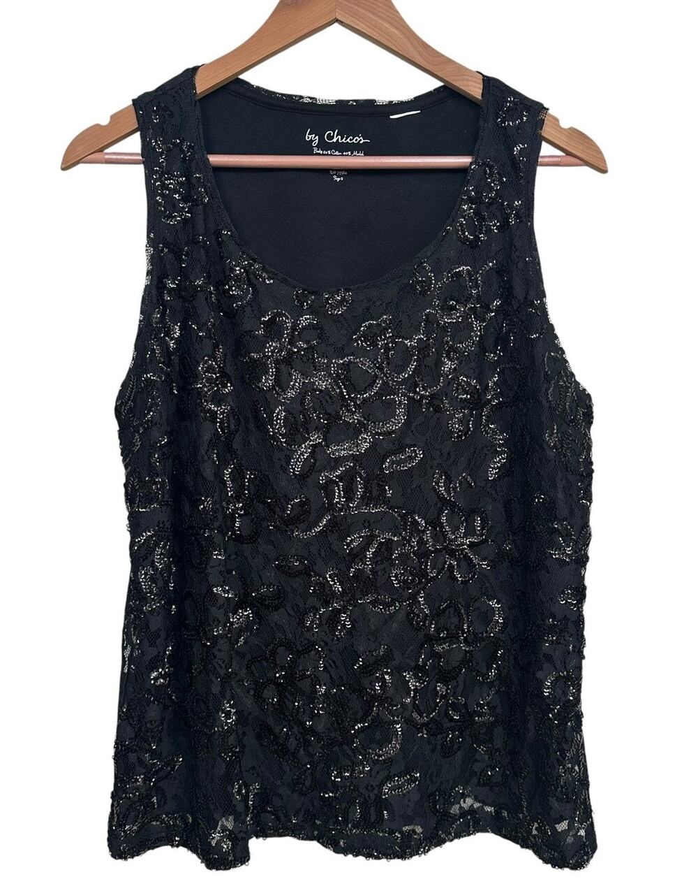 Chico’s Romantic Black Floral Lace Sequins Cotton Modal Lined Tank Top Size 2/Lg
